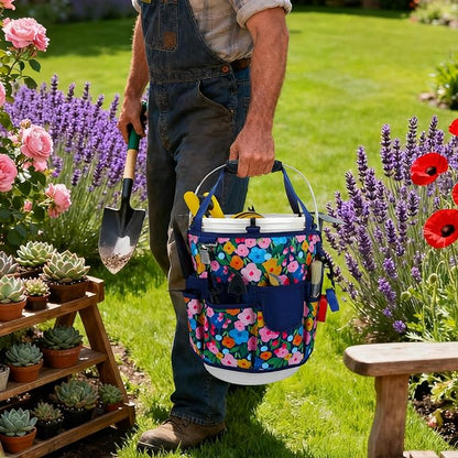 KUNN 18-Pocket Bucket Tool Organizer | Heavy-Duty 5 Gallon Bucket Caddy with Hangable Handle | Gardening Tool Bag & Garden Caddy Accessory for Gardeners, Blue