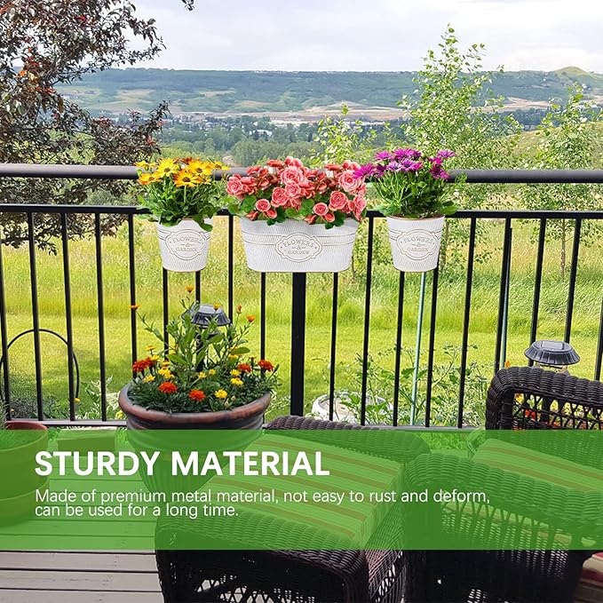 PerGar Vintage Metal Iron Wall Hanging Flower Pots, Rustic Planter Bucket Herb Flower Plant Holder with Detachable Hooks & Drainage Hole for Railing Fence Balcony Deck Garden Home Decoration, Set of 3