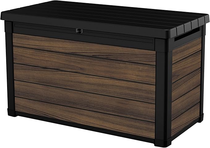 Keter Rosewood 100 Gallon Resin Deck Box Organization and Storage for Patio Furniture Outdoor Cushions, Throw Pillows, Garden Tools and Pool Toys