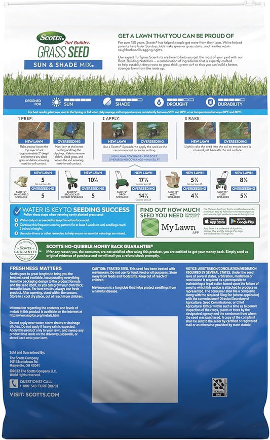 Scotts Turf Builder Grass Seed Sun and Shade Mix with Fertilizer and Soil Improver, Thrives in Many Conditions, 16 lbs.