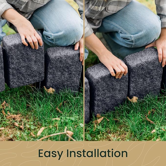 Beuta Landscape Edging | Garden Edging Border | Faux Stone Block XL for Lawn Edging, Flower Beds & Yard Edging – 10 Pack | Each Section Has 6 Blocks 48" L x 4" W x 9.5" H | 30 Spikes | Charcoal