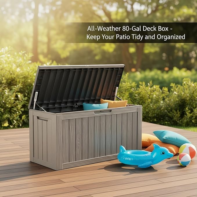 80 Gallon Resin Deck Box, Outdoor Storage Container for Patio Furniture Cushions, Garden Tools, Pool Accessories & Yard Equipment - All-Weather, Lockable, Wood Grain Design