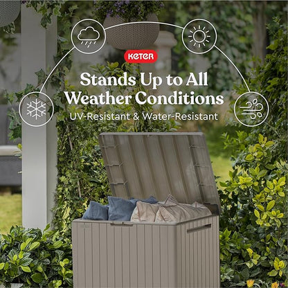 Keter City 30 Gallon Resin Outdoor Storage Box and Patio Furniture Side Table for Pool and Garden Accessories, Beige