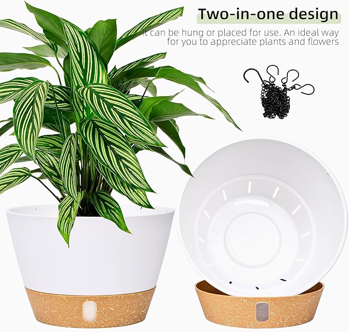QCQHDU 2 Pack 10 Inch Hanging Planters for Indoor Outdoor Plants, Hanging Baskets Flower Pots with Reservoir Tray & Visible Water-Level