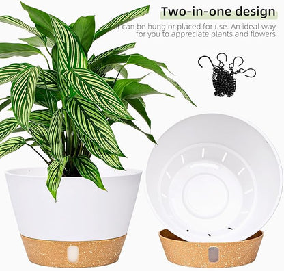 QCQHDU 2 Pack 10 Inch Hanging Planters for Indoor Outdoor Plants, Hanging Baskets Flower Pots with Reservoir Tray & Visible Water-Level