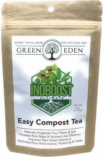 Easy Compost Tea for Plants by GreenEden - InoBoost Ultimate - No Brewing Needed - Increase Flowering & Yields - Soluble Bacteria for Soil or Hydroponics - 4oz. Makes 25 Gallons