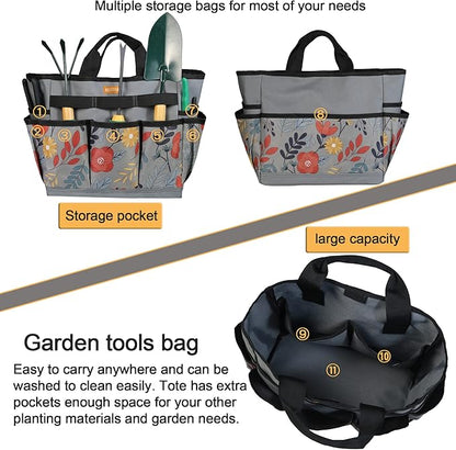 MDSTOP Garden Tool Bag, Garden Tool Kit Holder Home Organizer Storage Carrier, Oxford Garden Hand Tool Storage Tote Organizer with Handle and 8 Roomy Pockets, Floral Gardening Gift, Tools Not Included