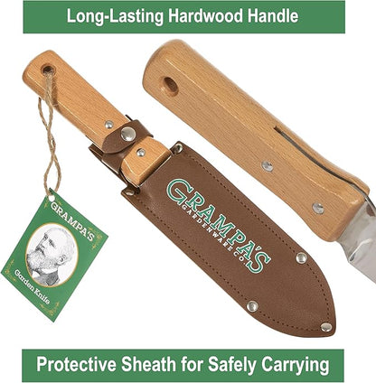 Grampa's Garden Knife - Versatile 7" Hori Hori Garden Knife With Straight & Serrated Steel Blade. Heavy-Duty Garden Hand Tool For Weeding, Digging or Planting. Includes Protective Sheath.