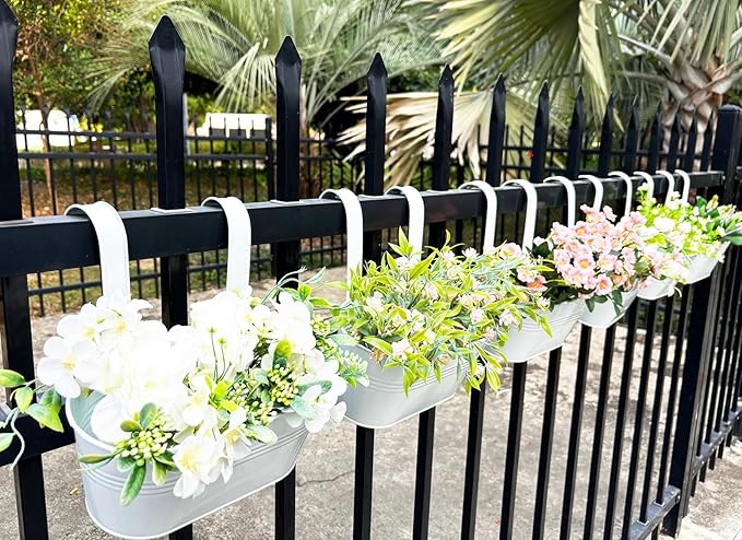 10" Hanging Flower Pots, Pack of 6 White Metal Outdoor Patio Balcony Planter, Railing Planters Fence Pot with Detachable Hook & Drainage Hole for Small Plants (White, 6Pcs)