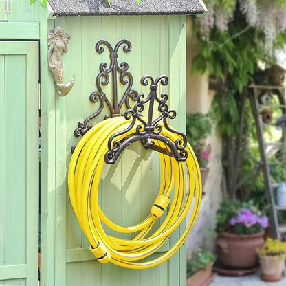 Sungmor Heavy Duty Cast Iron Garden Hose Holder - Wall Mounted Water Hose Hanger - European Vintage Pattern Decorative Hose Rack - Large Water Hose Bulter Storage - Indoor Outdoor Metal Hose Stand
