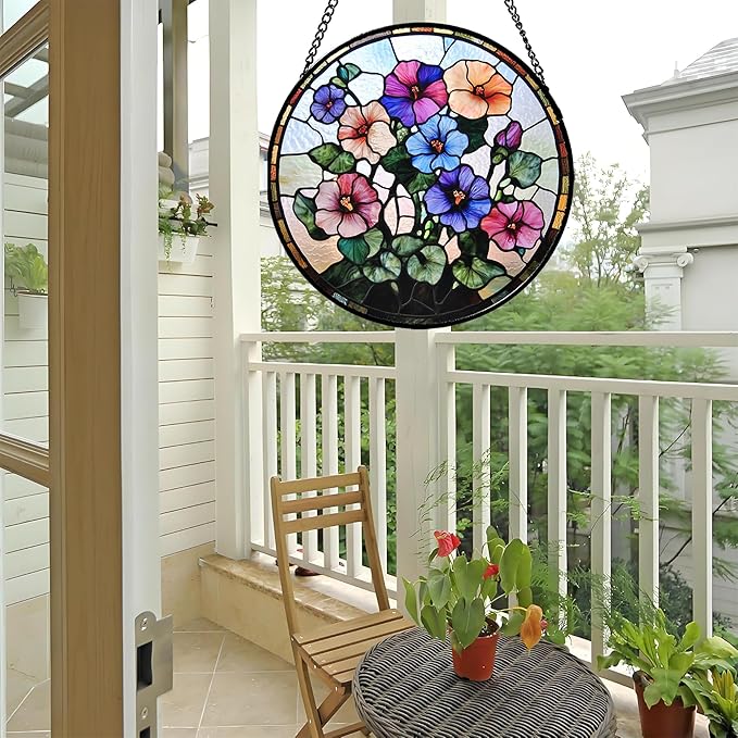 Stained Glass Window Hanging - Morning Glory Flowers Suncatcher for Doors Garden Patio Floral Sun Catchers Decor Christmas Mother's Day Birthday Gifts for Women Men Mom Nana Friend 11.8 in