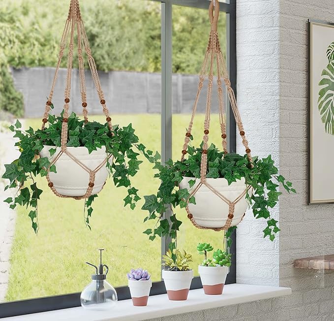 2PK 43 Inches Macrame Planter Hanger Large for 12 inch Pot + Swag Hook (Extra Long & Big) | Large Hanging Planter for Indoor Plants | No Tassel, Cotton Rope, NO Pot/Plant Included (Jute)(XL)