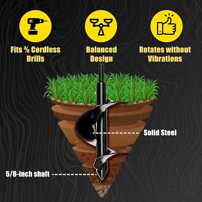 Power Planter Bulb & Bedding Black Auger Bit (3"x7") with 3/8" Non-Slip Hex Drive for Bulb Planting and Gardening Equipment for Grass and The Lawn, Mixing Paint, Earth Auger for Home Projects