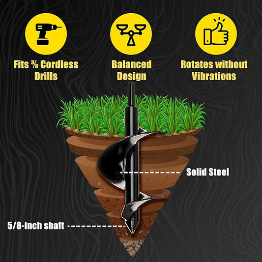 Power Planter Bulb & Bedding Black Auger Bit (3"x7") with 3/8" Non-Slip Hex Drive for Bulb Planting and Gardening Equipment for Grass and The Lawn, Mixing Paint, Earth Auger for Home Projects