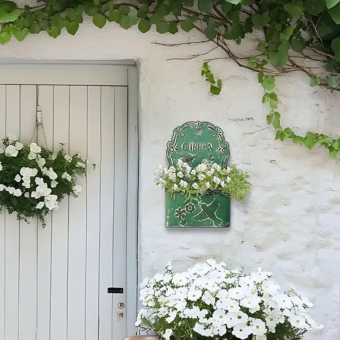 BIG FORTUNE Metal Wall Mount Planter Wall Vases for Flowers Shabby Chic Decor for Rustic Farmhouse Outdoor Decor (DarkGreen)