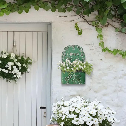 BIG FORTUNE Metal Wall Mount Planter Wall Vases for Flowers Shabby Chic Decor for Rustic Farmhouse Outdoor Decor (DarkGreen)