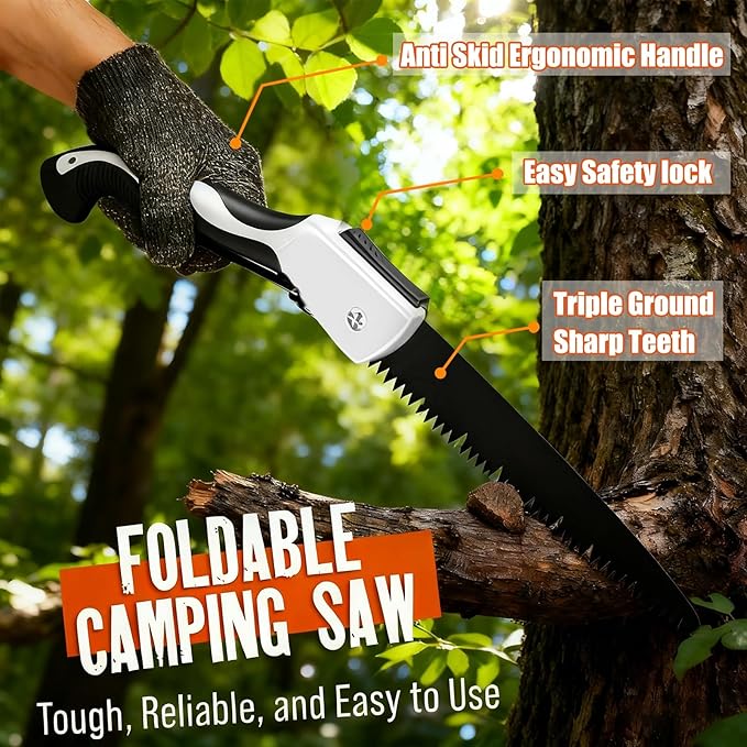 Folding Hand Saw Set with Extra Blade, 1 Grinders & Glove, 12 Inch Extra Long Blade Heavy Duty Foldable Pruning Saws for Tree Trimming, Wood Cutting, Ergonomic Handle Folding Saw Pocket Saws