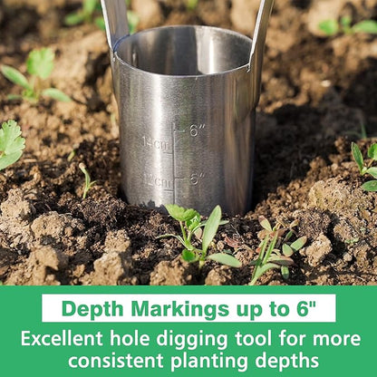 Berry&Bird Garden Bulb Planter with 6 inches Depth Mark, Garden Bulb Transplanter Tool with Wooden Handle, Stainless Steel Soil Release Tool for Transplanting Digging Planting Flowers