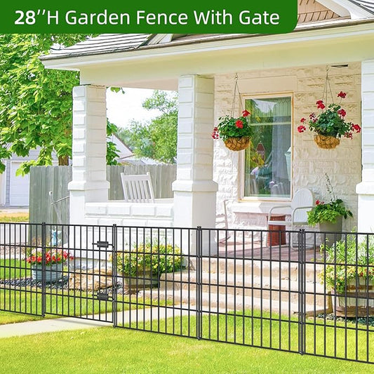 Metal Garden Fence 28in (H) x 23.3ft (L), 1 Gate + 9 Panels Dog Fence Border Fences Animal Barrier, No Dig Garden Fencing for Yard Flower Bed Lawn Patio Outdoor, PIN282810G Black