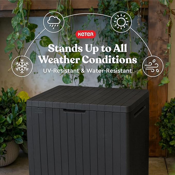 Keter City 30 Gallon Resin Outdoor Storage Box and Patio Furniture Side Table for Pool and Garden Accessories, Dark Grey