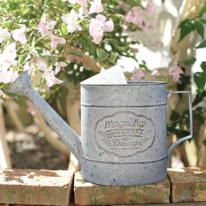 Vintage Metal Watering Can with Magnolia Greenhouse & Nursery Design Garden Decorative Watering Pot Farmhouse Waterer for Home Indoor Outdoor Garden Balcony Courtyard (Gray)