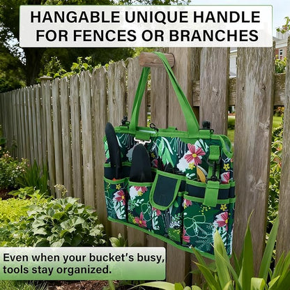 KUNN Bucket Tool Organizer 5 Gallon 18-Pocket Gardening Tool Bag with Hangable Handle | Garden Caddy & Bucket Accessory, Green