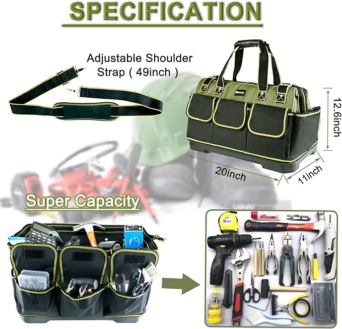 20inch Tool Bag for Men Women Heavy Duty with Waterproof Molded Base Large Tool Bag, Wide Mouth Tool Tote, Artisan Carpenter Electricians Tool Bags,Adjustable Shoulder Strap Organizer