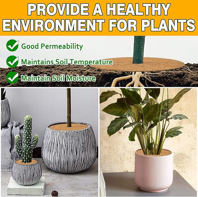 ZeeDix 10 Pack Coconut Fiber Mulch Ring, 6 Inch Coco Coir Tree Ring Mulch Mat, 100% Natural Tree Protector Mat Plant Cover Ring Coconut Coir Discs Tree Mats Mulch Rings for Indoor Outdoor Trees Plants