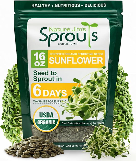 Nature Jims Sprouts Sunflower Seed - Certified Organic Black Oil Sunflower Sprouts for Soups - Raw Bird Food Seeds - Non-GMO, Chemicals-Free - Easy to Plant, Fast Sprouting Sunflower Seeds - 8 Oz