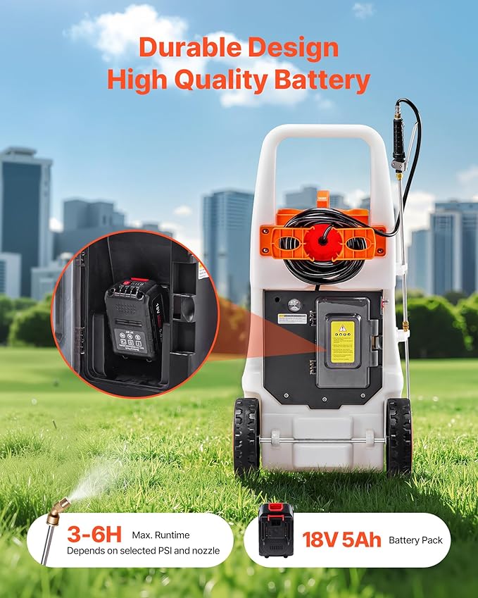 VEVOR 13.1 Gallon Battery Powered Sprayer with Wheels, Adjustable 0-80 PSI, 5 Nozzles and 98ft Hose Included, Orange