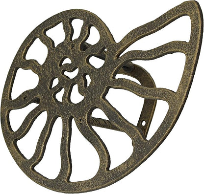 12-Inch Bronze Finish Cast Iron Nautilus Seashell Decorative Hose Holder: Wall-Mounted Outdoor Nautical Décor for Stylish and Functional Garden Organization