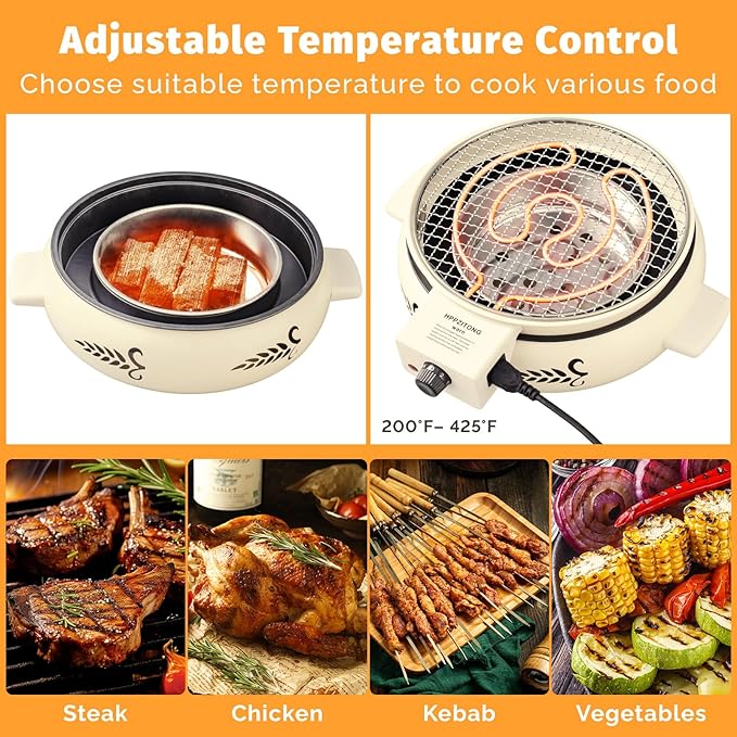 2 IN 1 Smokeless Indoor Electric BBQ Grill/Portable Charcoal Grill with Grill Pan and Grill Net,for Indoor Outdoor Cooking, Bonfire, Patio, Backyard Picnic