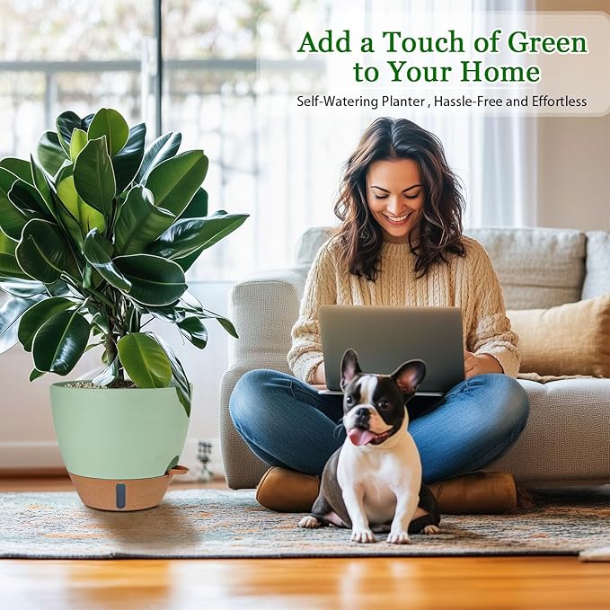8/10/12 Inch Self Watering Pots for Indoor/Outdoor Plants - Large Plastic Planter with Drainage Holes, Water Level Indicator & Deep Reservoir, Modern Decorative Flower Pots (Green)