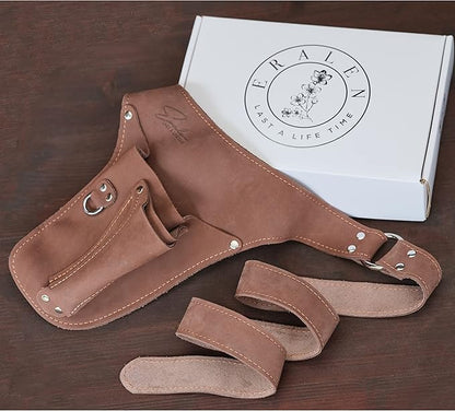 Leather Garden Tool Belt For Women- Florist Belt Holster, Utility Belt Apron for Gardening, DIY, Fits Up to 53", Gift Box Included (Left Handed Brown)