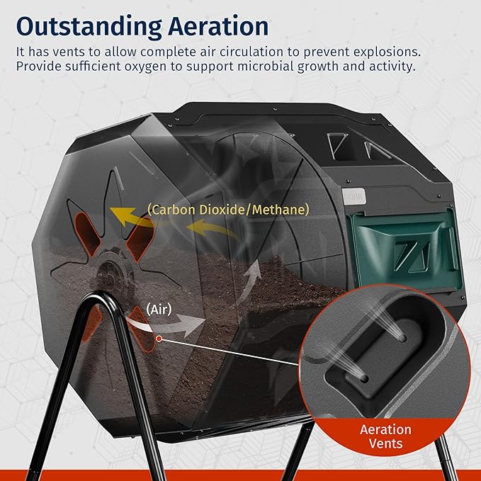 East Oak Compost Tumbler Outdoor, 43-Gal Dual Chamber Compost Bin with 2 Sliding Door and Aeration System, Tumbling Rotating Composter Bin for Kitchen, Garden, Yard