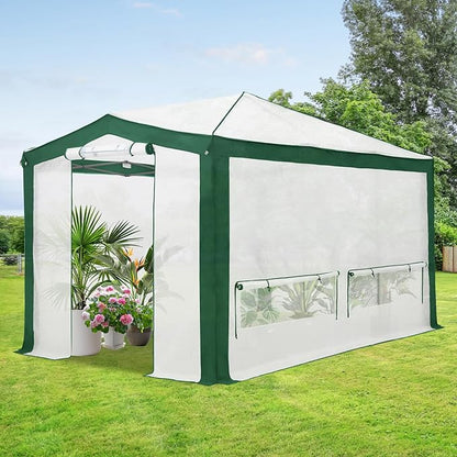 EAGLE PEAK 12x8 Portable Walk in Greenhouse with Polyester Reinforced Corners, Instant Pop up Indoor Outdoor Gardening Green House, Roll Up Zipper Doors Mesh Windows & Winter Support Pole, Green/White