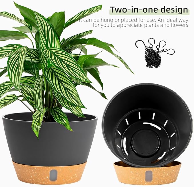 QCQHDU 2 Pack 10 Inch Hanging Planters for Indoor Outdoor Plants, Hanging Baskets Flower Pots with Reservoir Tray & Visible Water-Level