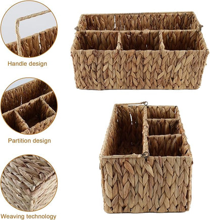 Garden Tools Woven Basket,Garden Tool Organizer with Handle,Wicker Storage Basket with 4 Compartments,Pruning Shears,Gloves,Shovel,Gardening Gifts for Women Men,14" L X 8" W X 5.5" H