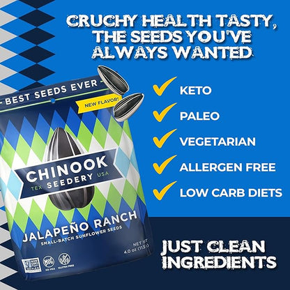 Chinook Seedery Roasted Sunflower Seeds - Jumbo Seeds Keto Snacks - Best For Snack Packs - Gluten Free, Non GMO Snack Food Gifts - 4 Ounce (Pack of 3) - Jalapeno Ranch Flavor Pack