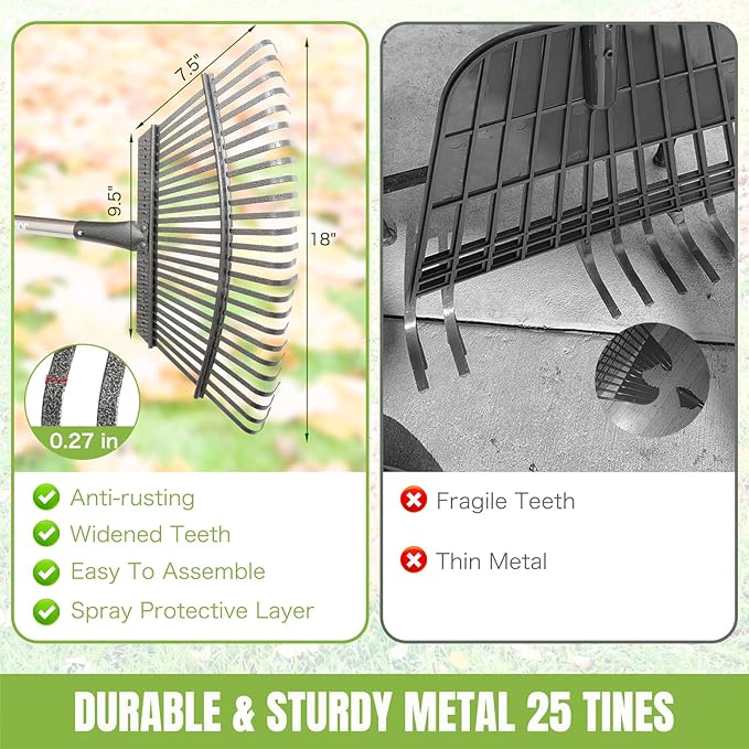JOYHALO 65 Inch Rake for Leaves, 25 Tines Metal Leaf Rake Set with 32 Gallon Leaf Bags Scoops, Garden Rakes 18in Wide, Rakes for Gardening Lawns Yard Outdoor Camping Shrub Grass Bush