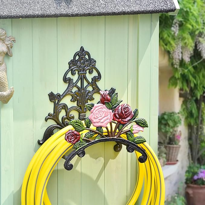 Sungmor Cast Iron Heavy Duty Garden Hose Holder - Decorative Hand-Painted Peony Wall Mounted Water Hose Hanger - Wall Decoration Hanging Hose Rack - Hose Reel Storage Butler - Metal Hose Stand