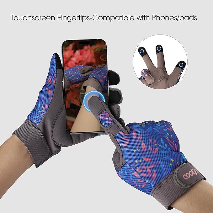 COOLJOB Medium Gardening Work Gloves for Women Ladies, Thorn Proof for Rose Pruning, Cactus Handling, Blackberry Bush Planting, Puncture Resistant Anti-Slip Flexible, 1 Pair M Blue Flower