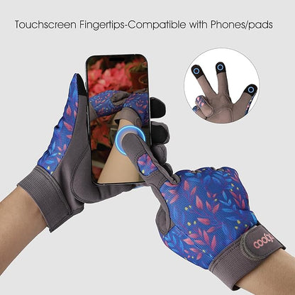 COOLJOB Medium Gardening Work Gloves for Women Ladies, Thorn Proof for Rose Pruning, Cactus Handling, Blackberry Bush Planting, Puncture Resistant Anti-Slip Flexible, 1 Pair M Blue Flower