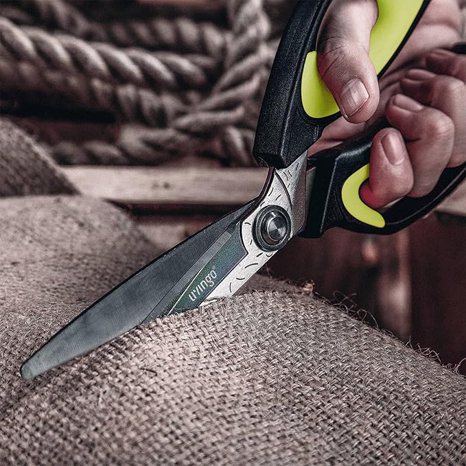 LIVINGO Heavy Duty Industrial Scissors: 10" Utility Stainless Steel Sharp Scissors all Purpose Premium Titanium Coating Forged Shop Shears for Household Pruning, Gardening, Construction, Green/Black