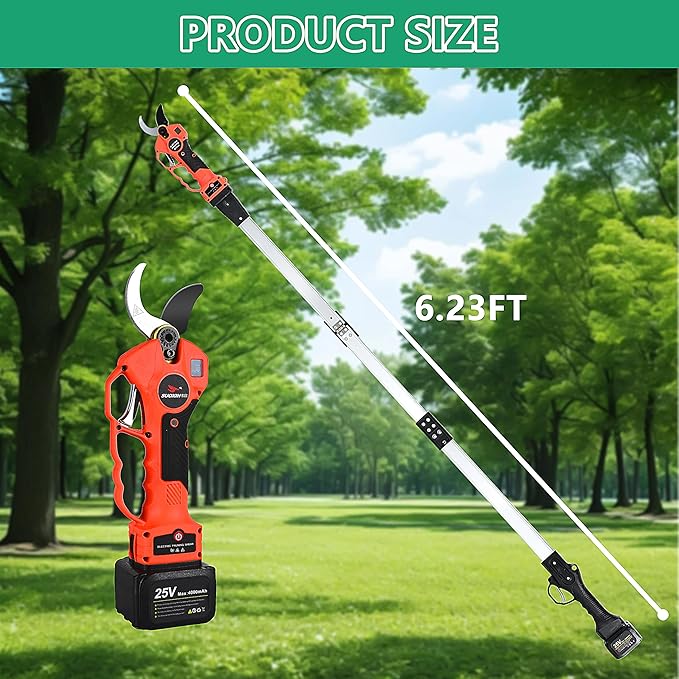 Cordless Electric Pole Pruning Shears,Suoxin 2-in-1 Handheld & Telescopic Tree Trimmer with 6.2FT Foldable Extension Pole, SK5 Blade,1.6" cutting diameter,LCD Display,2×4Ah Batteries for Garden Use