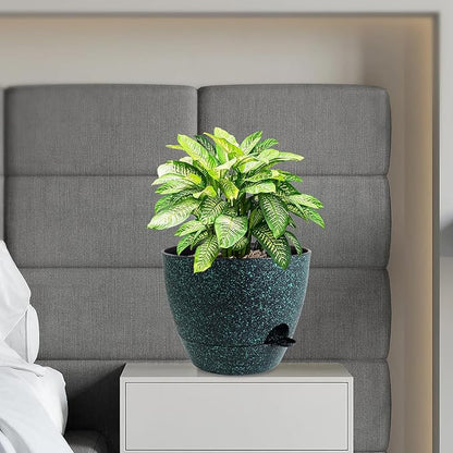 12 inch Large Self Watering Pots, Planter, Plant Pots with Mesh Drainage Holes for Indoor Outdoor House Plants and Garden, Plastic Flower Pots with Reservoir, Black with Green Speckles