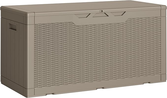 Greesum Outdoor Storage Box 100 Gallon Storage Bin with Lid for Patio Furniture, Garden Tools, Pool Supplies, Lockable, Waterproof and UV Resistant, Light Coffee