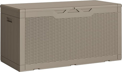 Greesum Outdoor Storage Box 100 Gallon Storage Bin with Lid for Patio Furniture, Garden Tools, Pool Supplies, Lockable, Waterproof and UV Resistant, Light Coffee