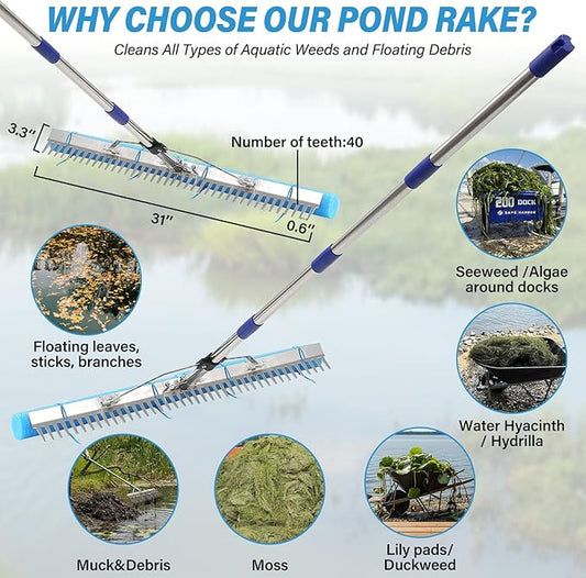 Aluminum Landscape & Lake Rake, 31'' Wide Heavy Duty Rake for Gravel Driveway Leveling, Aquatic Weed, Algae, Muck, Leaf & Seaweed Removal, Long Handle for Outdoor Beach, Garden & Lawn Yard Cleaning