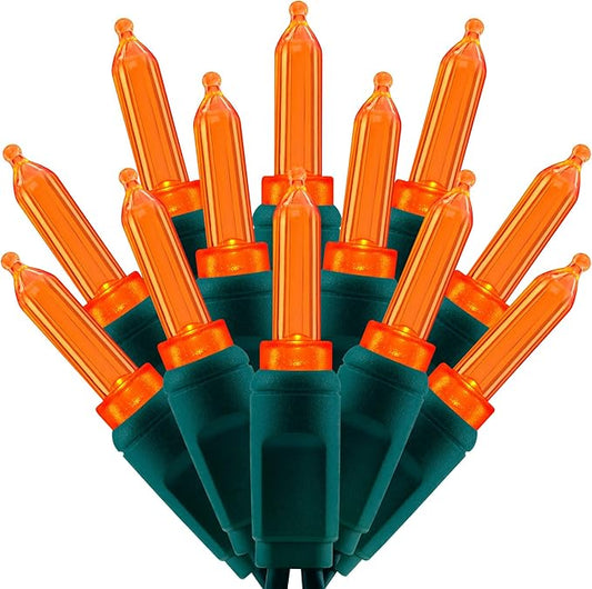 100 Orange One-Piece LED Christmas Lights, 33 ft Green Cord High Waterproof UL Certified T5 Outdoor String Lights (Orange)